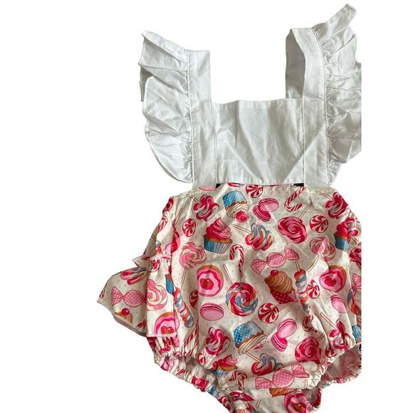 Canrulo Babies 12M Flying Sleeve Lemon Cartoon Cake Print Backless Pink Romper - Picture 3 of 12